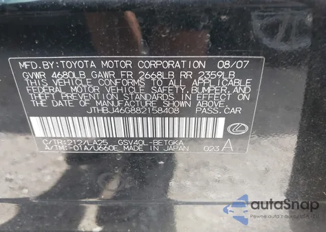 2008 Lexus Es 350 из США, поврежденный, VIN JTHBJ46G882158408